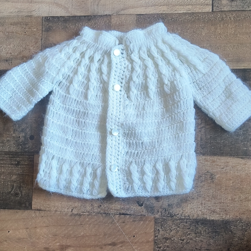 Vintage Cradle Knit White Knit Crochet Cottagecore Cardigan 3-6 Month Baby